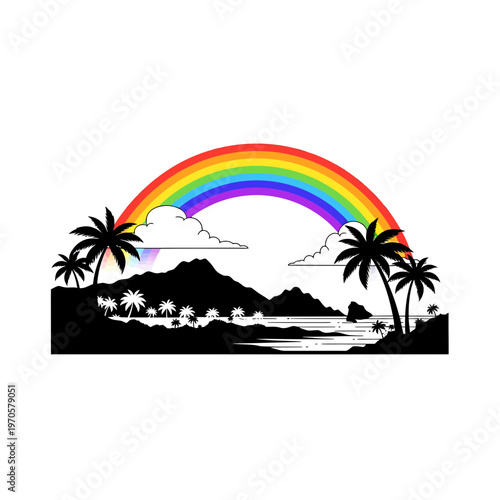Tropical Rainbow Paradise: A vibrant rainbow arcs over a serene tropical landscape, featuring silhouetted palm trees, tranquil ocean, and distant mountain creating an idyllic scene.