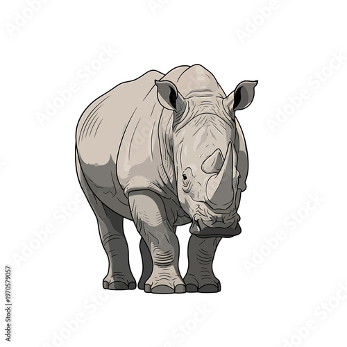 Majestic Rhino in Profile: An imposing rhino, its thick hide and iconic horn defining its presence, stands confidently against a clean background.
