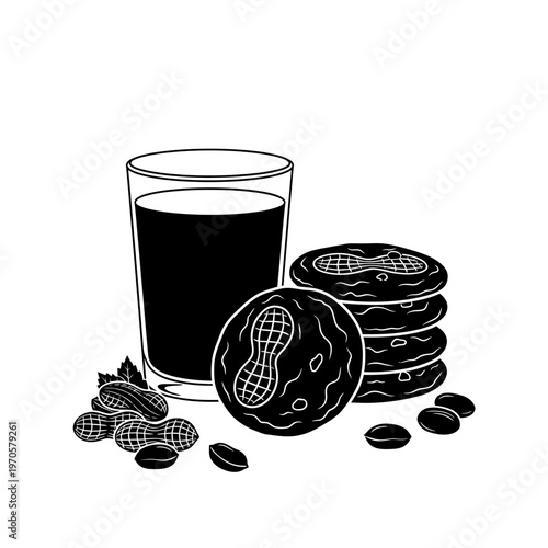 Peanut Delights: A delightful monochrome composition showcasing a refreshing drink alongside a stack of delectable cookies, each adorned with a peanut design, complemented by a cluster of peanuts.