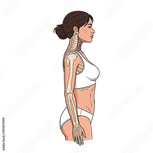 Anatomy Study: A detailed anatomical illustration showcasing the skeletal structure and underlying musculature of a person, side view.