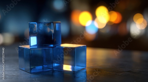Blue Glass Cubes on Dark Surface at Night.