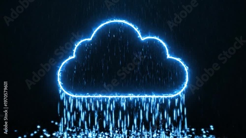 A glowing blue cloud symbol with streaks of rain falling against a dark background