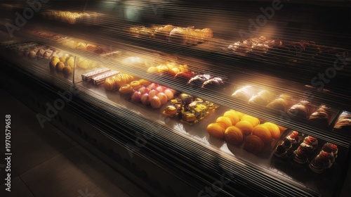 Blurred Sushi Dishes on Conveyor Belt.