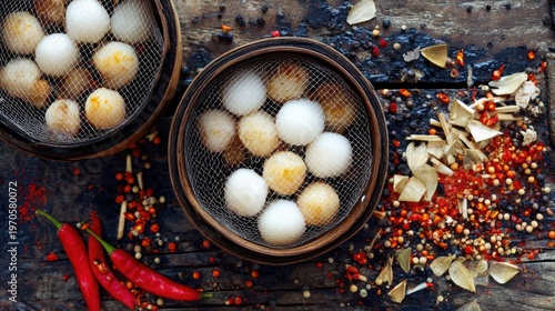 Boiled Eggs with Spices and Peppercorns on Table.