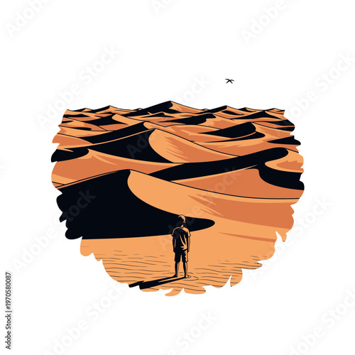 Solitude in the Sands: A lone figure stands amidst an expansive desert landscape, a silent observer of the vast, rolling dunes stretching endlessly toward the horizon.