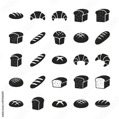 Bakery Collection: A diverse assortment of baked goods, including loafs, croissants, and various breads, arranged in a neat pattern.