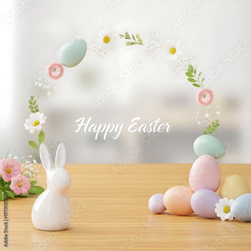 Easter bunny and colorful eggs on the table, decorations with floral elements. Happy easter square social media post.