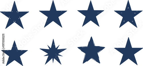 Collection of various handdrawn star shapes in navy blue color isolated on clear background
