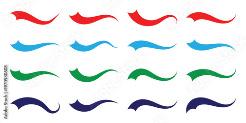 Hand drawn red, blue, green, violet swoosh elements, and swoop underline typography tails shape in flat styles. Set of Swoosh vector ribbons. Design concept element collection. Vector illustration. 