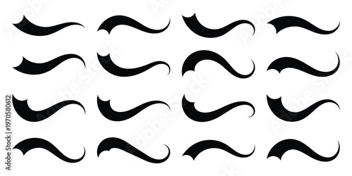Swoosh tails collection, featuring retro sports underline black curly shapes, baseball text tails, and vector swooshes isolated on white background. Vintage swish shapes and brush strokes. Eps10