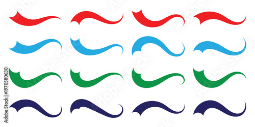 Hand drawn red, blue, green, violet swoosh elements, and swoop underline typography tails shape in flat styles. Set of Swoosh vector ribbons. Design concept element collection. Vector illustration. 