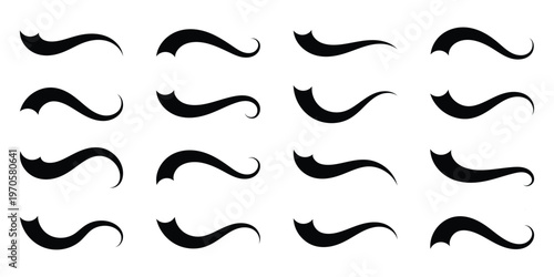Vector swash swoosh tails flourish design. Curly black swish tails and sporty plume swirl logo  elements for retro banners. Hand drawn collection of curly swishes, swashes, swoops. Vector, Eps10.