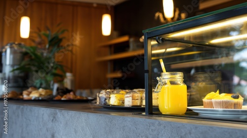 Breakfast Buffet with Fresh Orange Juice Display.