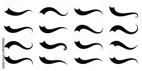 Vector swash swoosh tails flourish design. Curly black swish tails and sporty plume swirl logo  elements for retro banners. Hand drawn collection of curly swishes, swashes, swoops. Vector, Eps10.