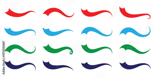 Hand drawn red, blue, green, violet swoosh elements, and swoop underline typography tails shape in flat styles. Set of Swoosh vector ribbons. Design concept element collection. Vector illustration. 