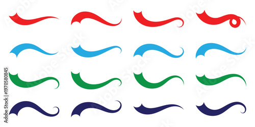 Vintage red, blue ,green, violet baseball script swooshes and swashes with dynamic retro wave tails. Vintage brush ornament wave swirl typography elements. Vector illustration. Eps10                  