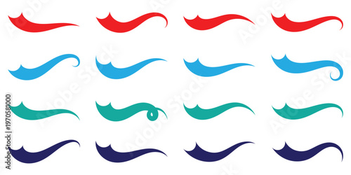Swoosh tails vector icons set . Red, blue, green, violet waves swoosh logo template. Hand drawn swoosh elements, and swoop underline typography tails shape in flat styles. Set of Swoosh vector.