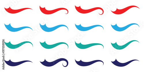Swoosh tails vector icons set . Red, blue, green, violet waves swoosh logo template. Hand drawn swoosh elements, and swoop underline typography tails shape in flat styles. Set of Swoosh vector.