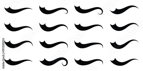 Vintage black baseball script swooshes and swashes with dynamic retro wave tails. Brush ornament wave swirl typography elements. Curly alphabet varsity stroke decoration graphic collection. Eps10     