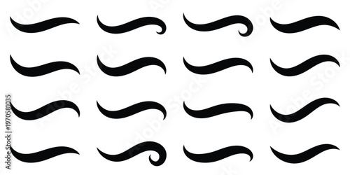 Vintage black baseball script swooshes and swashes with dynamic retro wave tails. Brush ornament wave swirl typography elements. Curly alphabet varsity stroke decoration graphic collection. Eps10     