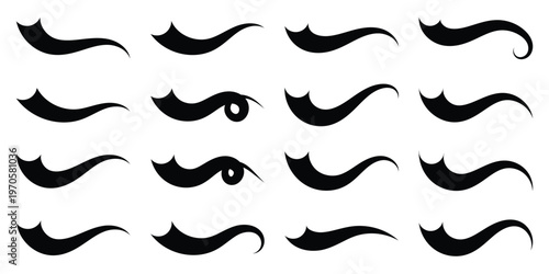 Vintage black baseball script swooshes and swashes with dynamic retro wave tails. Brush ornament wave swirl typography elements. Curly alphabet varsity stroke decoration graphic collection. Eps10     