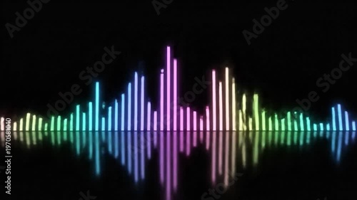A vibrant, colorful sound wave equalizer graphic with a reflective surface on a dark background