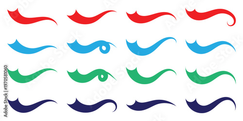 Swoosh tails vector icons set . Red, blue, green, violet waves swoosh logo template. Hand drawn swoosh elements, and swoop underline typography tails shape in flat styles. Set of Swoosh vector.