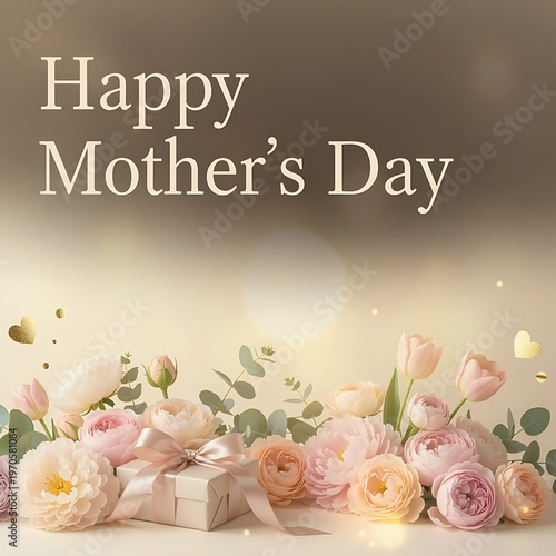 A beautiful Mother's Day greeting card featuring a delicate arrangement of pastel flowers, a gift box, and golden hearts, set against a soft, glowing background. Happy Mother's Day poster.