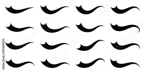 A set of dynamic curved black swoosh tail elements. Baseball of football swoosh text tails in retro styles. Sporty swash strokes for vintage typography and font design. Vector illustration. Eps10