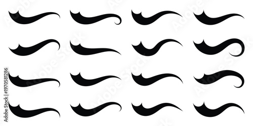 A set of dynamic curved black swoosh tail elements. Baseball of football swoosh text tails in retro styles. Sporty swash strokes for vintage typography and font design. Vector illustration. Eps10