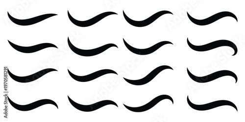 A set of dynamic curved black swoosh tail elements. Baseball of football swoosh text tails in retro styles. Sporty swash strokes for vintage typography and font design. Vector illustration. Eps10