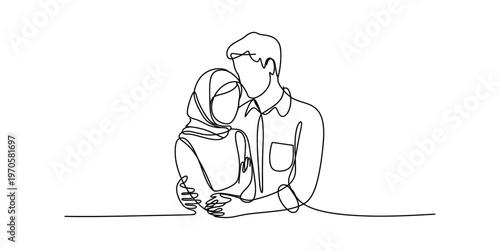 A beautiful continuous line drawing of a loving muslim couple embracing each other with affection Vector, illustration