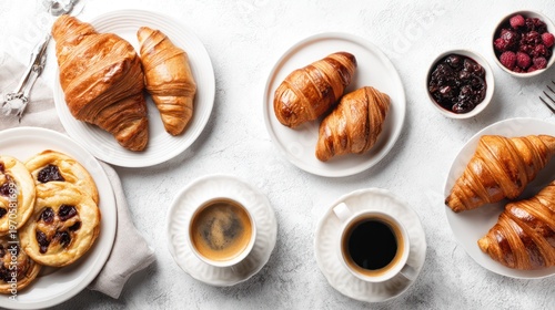 Breakfast Table Setting with Croissants and Coffee.