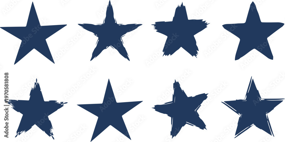 Fototapeta premium Set of eight stylized star icons with varying brush stroke textures for creative design projects