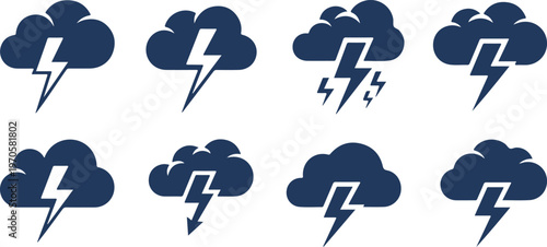 Set of eight stylized weather icons showing thunderstorms with lightning bolts and rain elements