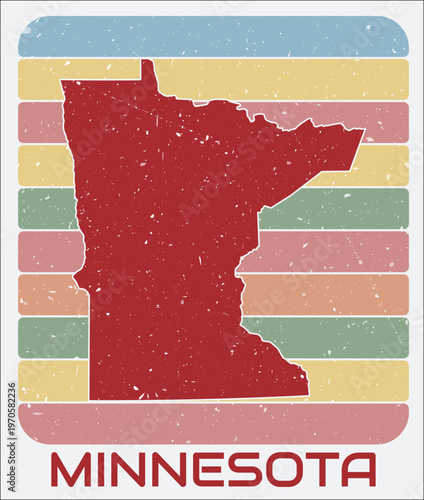 Minnesota, United States vintage logo. Shape of the state on retro colored stripes background. Minnesota, United States map design with grunge scratch texture. Vector illustration.