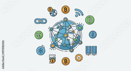 Cryptocurrency Blockchain Globe Icons.
