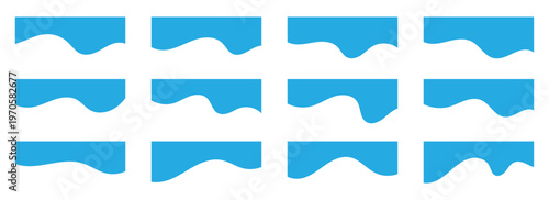 A set of modern blue wavy shape dividers for website headers and footers. Vector illustration of abstract curved separators isolated on white background. Eps10
