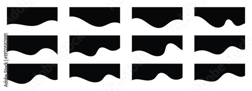 Minimalist black wavy dividers vector set. Elegant wave shapes for top and bottom page transitions. Smooth fluid wave shapes for professional layout dividers. Vector illustration.