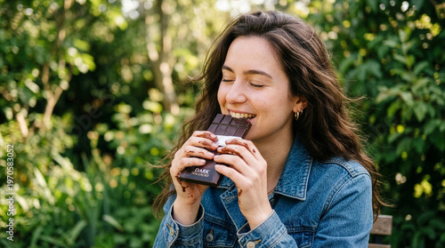 Young woman enjoying dark chocolate bar outdoors, closed eyes, natural lighting