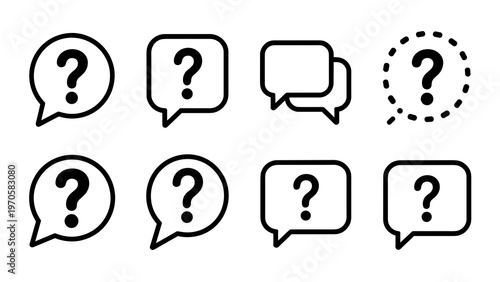 Question Mark Speech Bubble Line Icon Set  FAQ, Help, and Support Symbols