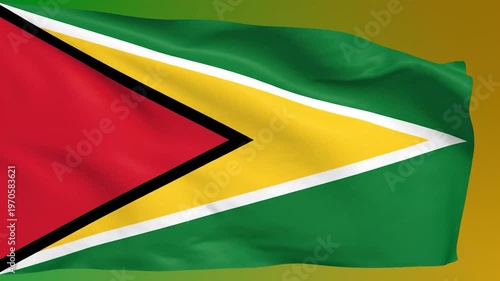 A vibrant national flag with geometric shapes and bold colors waves gently in the breeze against a gradient background