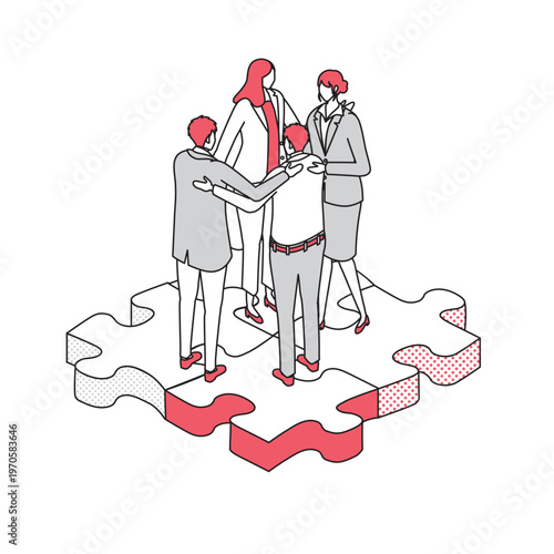 一枚のパズルピースの上で話し合うビジネスチームのアイソメトリック線画イラスト