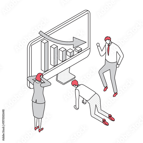 業績悪化に困惑するビジネスチームのアイソメトリック線画イラスト