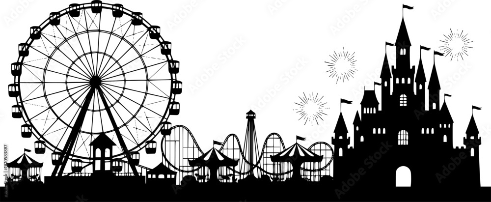 Obraz premium Amusement park silhouette with ferris wheel and castle 