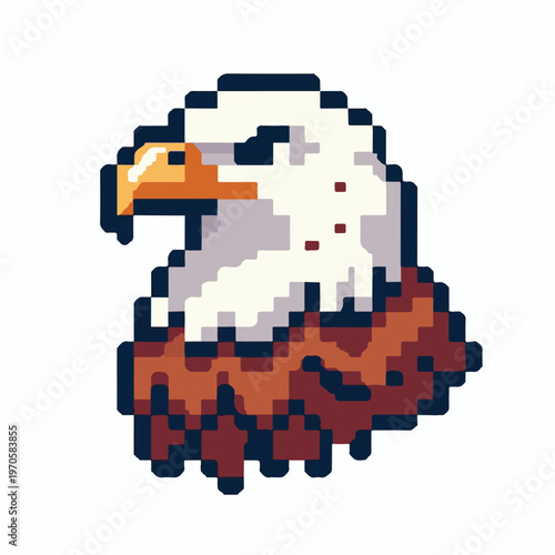 Pixel art eagle head, a majestic bird of prey rendered in a retro 8-bit style, perfect for gaming or digital art