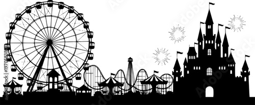 Amusement park silhouette with ferris wheel and castle
