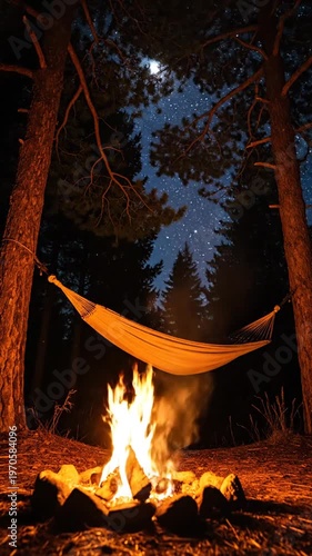 Cozy Camping forest night with hammock and campfire under stars