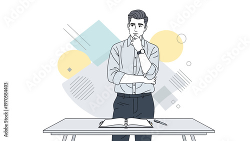 Thoughtful businessman standing at a desk with an open notebook, contemplating ideas.