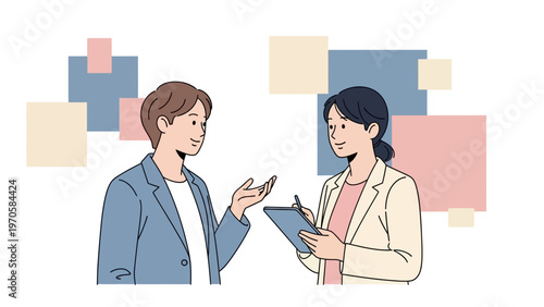 Two people discussing, one taking notes, abstract background, business meeting illustration